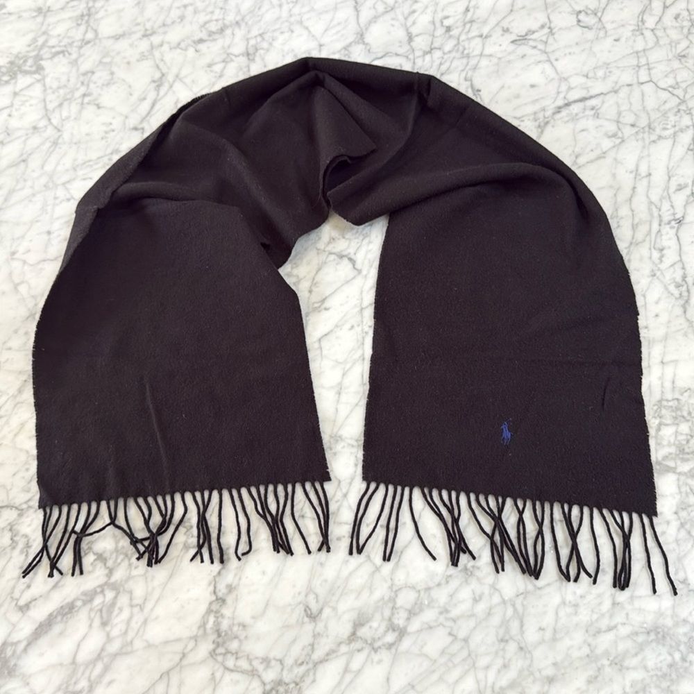 Polo Ralph Lauren 100% Lambs Wool Scarf Black Blue Embroidered